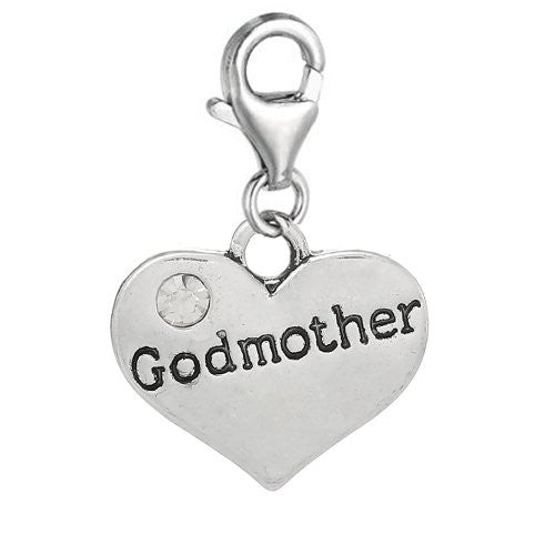 Heart Dangle 2 Sided Clear Rhinestones Pendant w/ Clear Crystal Dangle Charm Pendant w/ Lobster Clasp (Godmother)