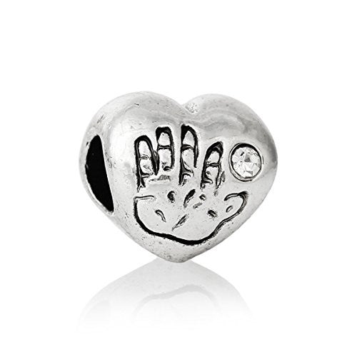 Heart w/ Hand Print and  Crystal Bead Compatible for Most European Snake Chain Bracelet (Clear) - Sexy Sparkles Fashion Jewelry - 1