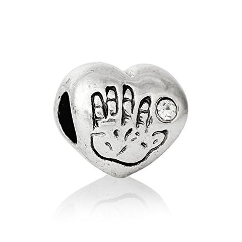 Heart w/ Hand Print and  Crystal Bead Compatible for Most European Snake Chain Bracelet (Clear) - Sexy Sparkles Fashion Jewelry - 1