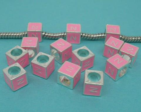 "N" Letter  Square Charm Beads Pink Enamel European Bead Compatible for Most European Snake Chain Charm Bracelets - Sexy Sparkles Fashion Jewelry - 2