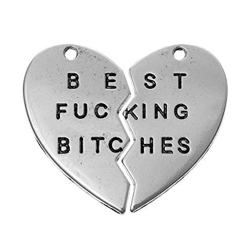 Silver tone BFF Best Bitches Split Heart Pendant for Necklace - Sexy Sparkles Fashion Jewelry - 1