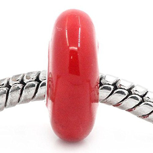 European Charm Beads Flat Round Silver Plated Enamel Red - Sexy Sparkles Fashion Jewelry - 1
