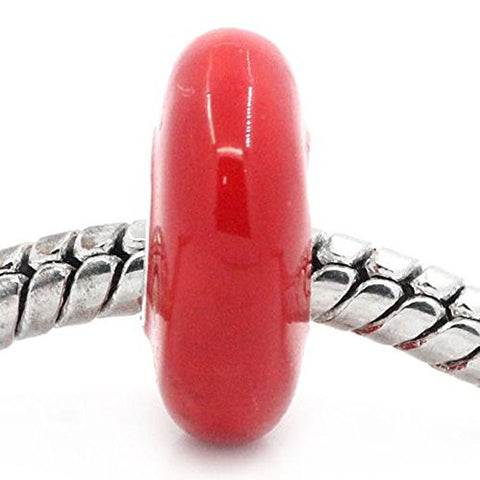 European Charm Beads Flat Round Silver Plated Enamel Red - Sexy Sparkles Fashion Jewelry - 1