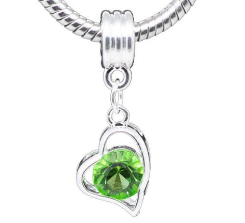 August Birthstone Heart with Light Green rhinestone charm for European Snake chain charm bracelet - Sexy Sparkles Fashion Jewelry - 5