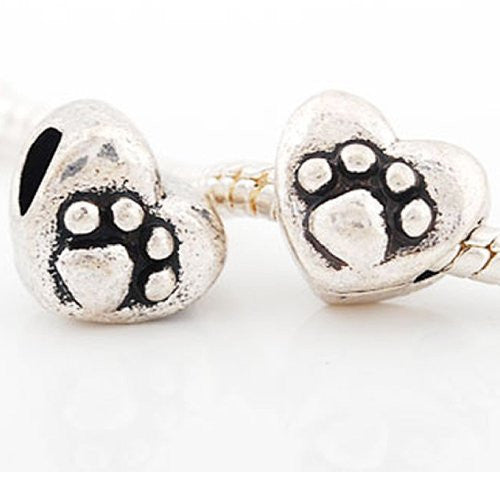 Dog Paw on Heart Shaped charm Charm Spacer For Snake Chain Charm Bracelet