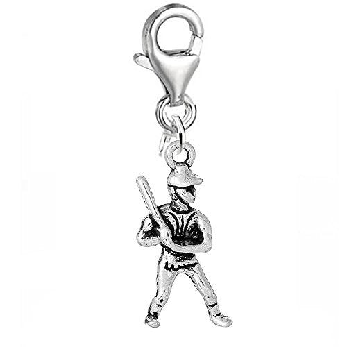 Baseball Player Clip On For Bracelet Charm Pendant for European Charm Jewelry w/ Lobster Clasp