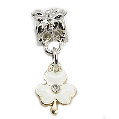 White Enamel Flower with  Crystals Charm European Bead Compatible for Most European Snake Chain Bracelet