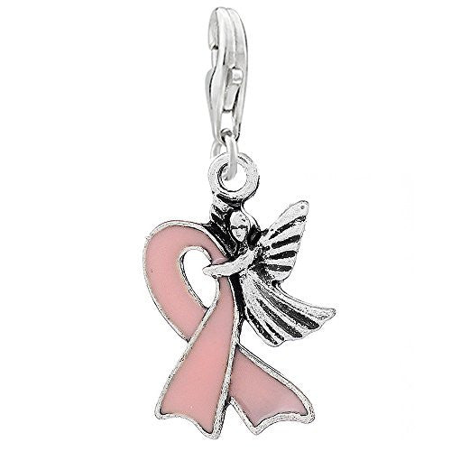 Pink Ribbon Beast Cancer Awareness with Angel Clip on Pendant Charm for Bracelet or Necklace - Sexy Sparkles Fashion Jewelry