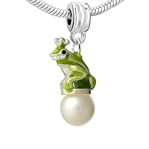 Green Frog Sitting on Imitation Pearl Dangle Charm Pendant for European Snake Chain Bracelet