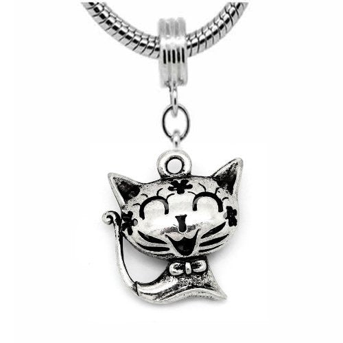 Happy Cat Charm Dangle Charm European Bead Compatible for Most European Snake Chain Bracelet