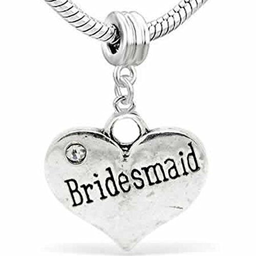 Wedding Charms Heart W/Crystal Dangle Charm Bead For Snake Chain Bracelet (Bridesmaid)