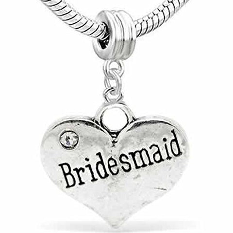 Wedding Charms Heart W/Crystal Dangle Charm Bead For Snake Chain Bracelet (Bridesmaid) - Sexy Sparkles Fashion Jewelry - 1