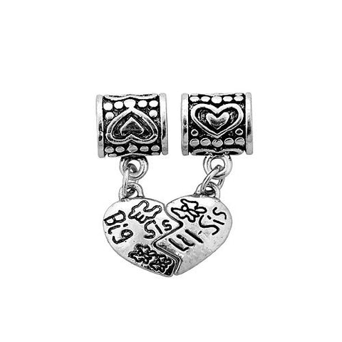 Set of 2 Piece Big Sis Lil Sis Heart & Barrel Dangle Bead for snake charm Bracelet - Sexy Sparkles Fashion Jewelry - 2