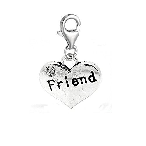 Heart 2 Sided w/ Clear  Crystal Stones Friend Charm Clip On Pendant w/ Lobster Clasp - Sexy Sparkles Fashion Jewelry