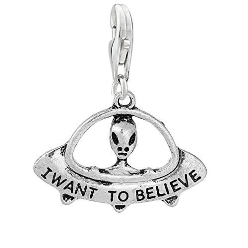 I Want to Believe Alien in UFO Clip on Pendant Charm for Bracelet or Necklace
