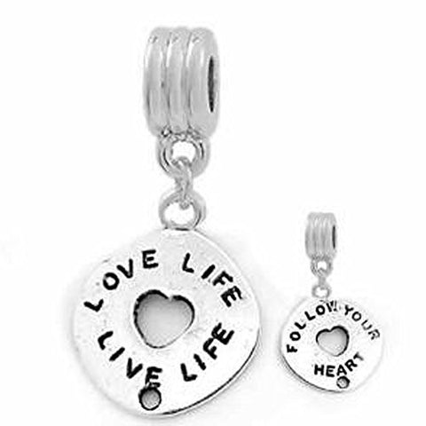 Love Live Life on Front, Follow Your Heart on Back European Bead Compatible for Most European Snake Chain Bracelet - Sexy Sparkles Fashion Jewelry - 1
