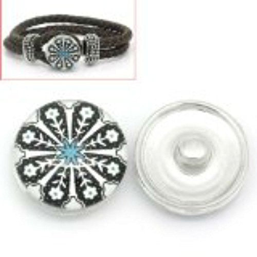 White and Black Flower Design Glass Chunk Charm Button Fits Chunk Bracelet 18mm