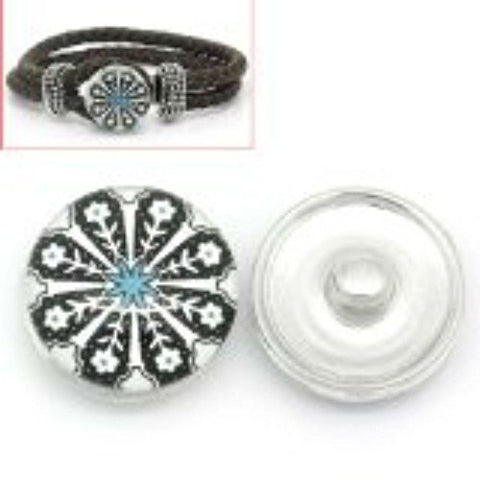 White and Black Flower Design Glass Chunk Charm Button Fits Chunk Bracelet 18mm - Sexy Sparkles Fashion Jewelry - 1