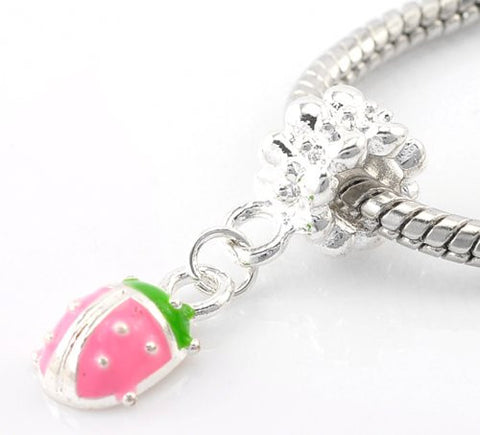 Lady Bug Charm Pink Enamel Dagle Bead Charm Spacer For Snake Chain Charm Bracelet - Sexy Sparkles Fashion Jewelry - 3