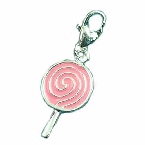 Clip on Lollipop Charm with Pink Enamel Pendant for European Jewelry w/ Lobster Clasp