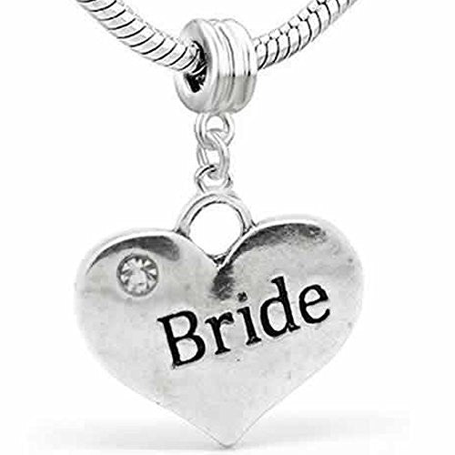 Wedding Charms Heart W/Crystal Dangle Charm Bead For Snake Chain Bracelet (Bride) - Sexy Sparkles Fashion Jewelry - 1