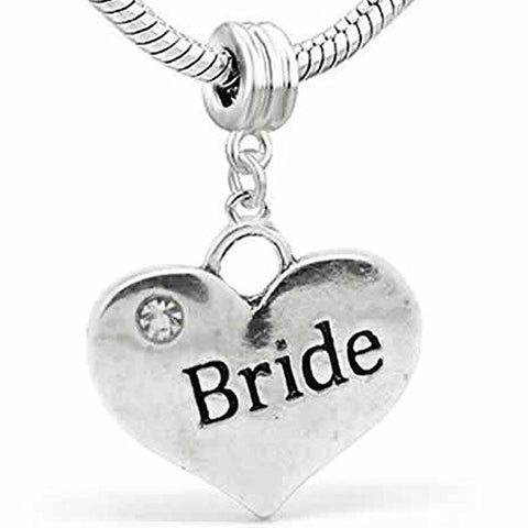 Wedding Charms Heart W/Crystal Dangle Charm Bead For Snake Chain Bracelet (Bride) - Sexy Sparkles Fashion Jewelry - 1