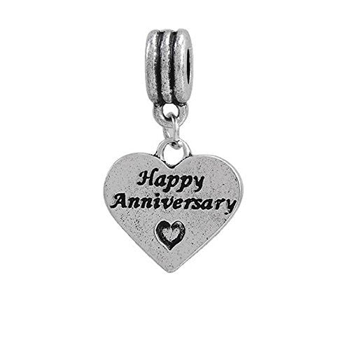 Happy Anniversary on Heart Dangle European Bead Compatible for Most European Snake Chain Charm Bracelet