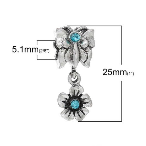 Butterfly with Flowercharm Bead w/ Light Blue Crystals Compatible W/most European Snake Chain Bracelet - Sexy Sparkles Fashion Jewelry - 2
