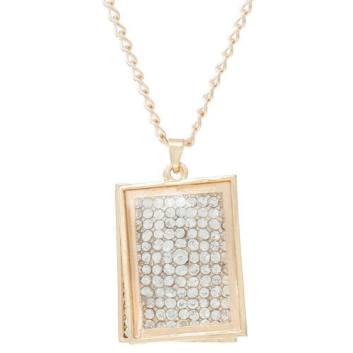 Curb Chain Necklace with Pendant Gold Tone Rectangle with Crystals and Lobster Clasp Extender