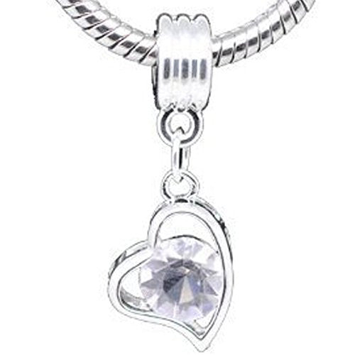 Silver Plated Clear Rhinestone Heart Charm Dangle Beads Fit European Charm - Sexy Sparkles Fashion Jewelry - 1