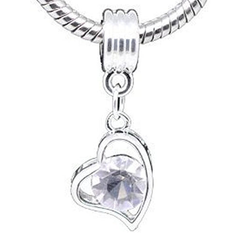 Silver Plated Clear Rhinestone Heart Charm Dangle Beads Fit European Charm - Sexy Sparkles Fashion Jewelry - 1