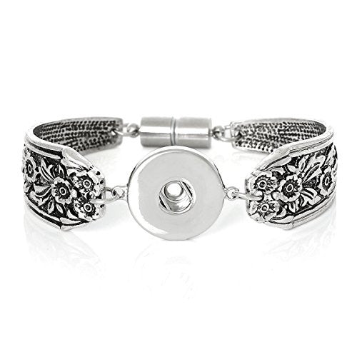 Chunk Snap Jewelry Bangles Antique Silver Magnetic Clasp Flower Pattern (7 5/8) Long - Sexy Sparkles Fashion Jewelry - 1
