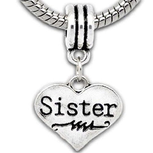 Sister on Heart Charm Dangle Bead Charm Spacer For Snake Chain Charm Bracelet