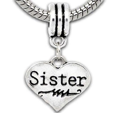 Sister on Heart Charm Dangle Bead Charm Spacer For Snake Chain Charm Bracelet - Sexy Sparkles Fashion Jewelry - 1