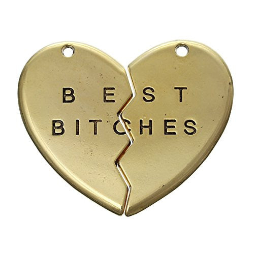 Gold Tone BFF Best Bitches Split Heart Pendant for Necklace - Sexy Sparkles Fashion Jewelry - 1