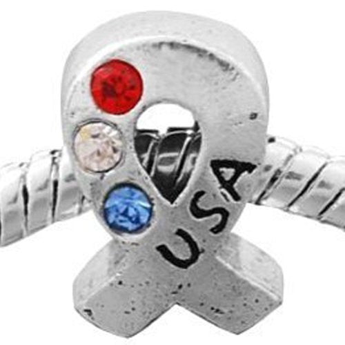 Support Our Troops Red White Blue  Crytstals Spacer European Bead Compatible for Most European Snake Chain Bracelet