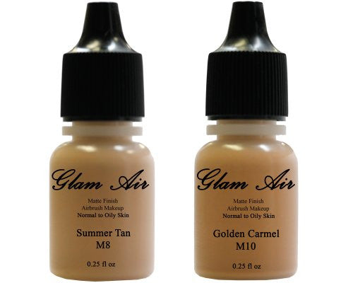 Airbrush Makeup Foundation Matte M8 Summer Tan and M10 Golden Carmel Water-based Makeup Lasting All Day 0.25 Oz Bottle By Glam Air