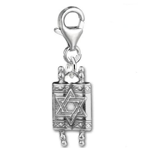 Jewish Hebrew Sefer Torah Scroll Charm w/ Star of David Clip on Charm Jewelry w/ Lobster Clasp