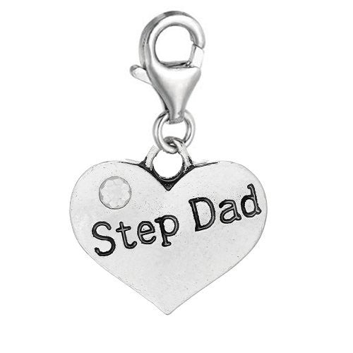 Heart Dangle 2 Sided Clear Rhinestones Pendant w/ Clear Crystal Dangle Charm Pendant w/ Lobster Clasp (Step Dad)