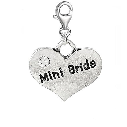 Clip on Mini Bride Wedding Heart w/ Clear  Crystals Charm Pendant for European Clip on Jewelry w/ Lobster Clasp - Sexy Sparkles Fashion Jewelry