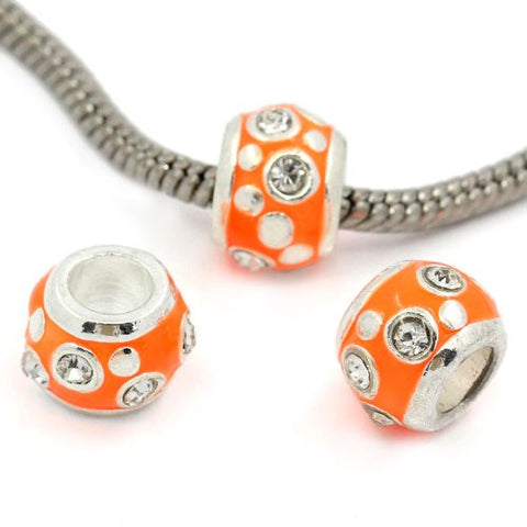 European Charm Beads Column Silver Plated Clear Rhinestone Enamel Orange - Sexy Sparkles Fashion Jewelry - 2