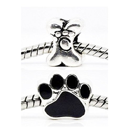 2 Pcs Black Paw Charm and Bone w/ Footprint Charm Beads for Snake Chain Bracelet