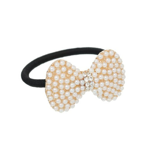 Nylon Cirlce Ring Hair Band Ponytail Holder Black Acrylic Imitation Pearl Choose Your Style From Menu (Bowknot A) - Sexy Sparkles Fashion Jewelry - 1