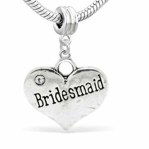 Wedding Charms Heart W/Crystal Dangle Charm Bead For Snake Chain Bracelet (Bridesmaid) - Sexy Sparkles Fashion Jewelry - 2