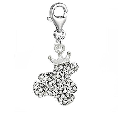 Silver Teddy Bear with Crown Clip on Pendant with Lobster Clasp