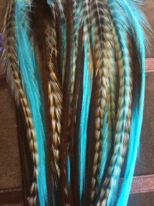 4-6 Turquoise with Brown & Grizzly Feathers for Hair Extensions Bonded Together At the Tip Salon Quality Feathers! 5 Feathers