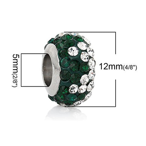 Stainless Steel European Style Charm Beads Round Silver Tone With Dark Green & Clear Rhinestone - Sexy Sparkles Fashion Jewelry - 3