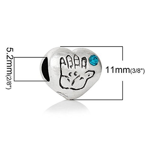 Heart w/ Hand Print and  Crystal Bead Compatible for Most European Snake Chain Bracelet (Blue) - Sexy Sparkles Fashion Jewelry - 3