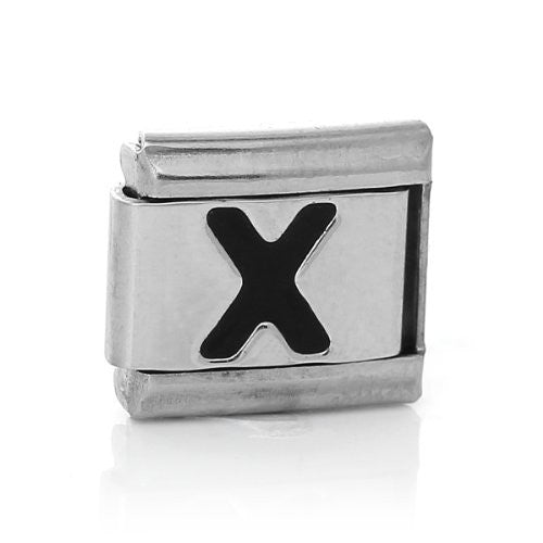 Italian Charm Bracelet Link Square Silver Tone Alphabet Letter (X)