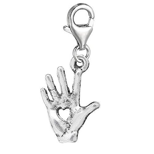 Clip on Hand with Heart Dangle Pendant for European Clip on Charm Jewelry w/ Lobster Clasp - Sexy Sparkles Fashion Jewelry